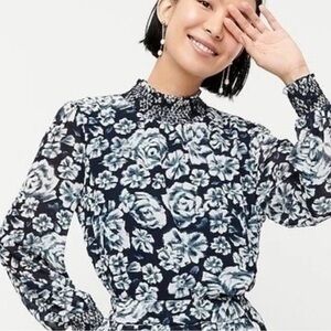 J. Crew Navy and White Blouse with Smocked Collar and Cuffs